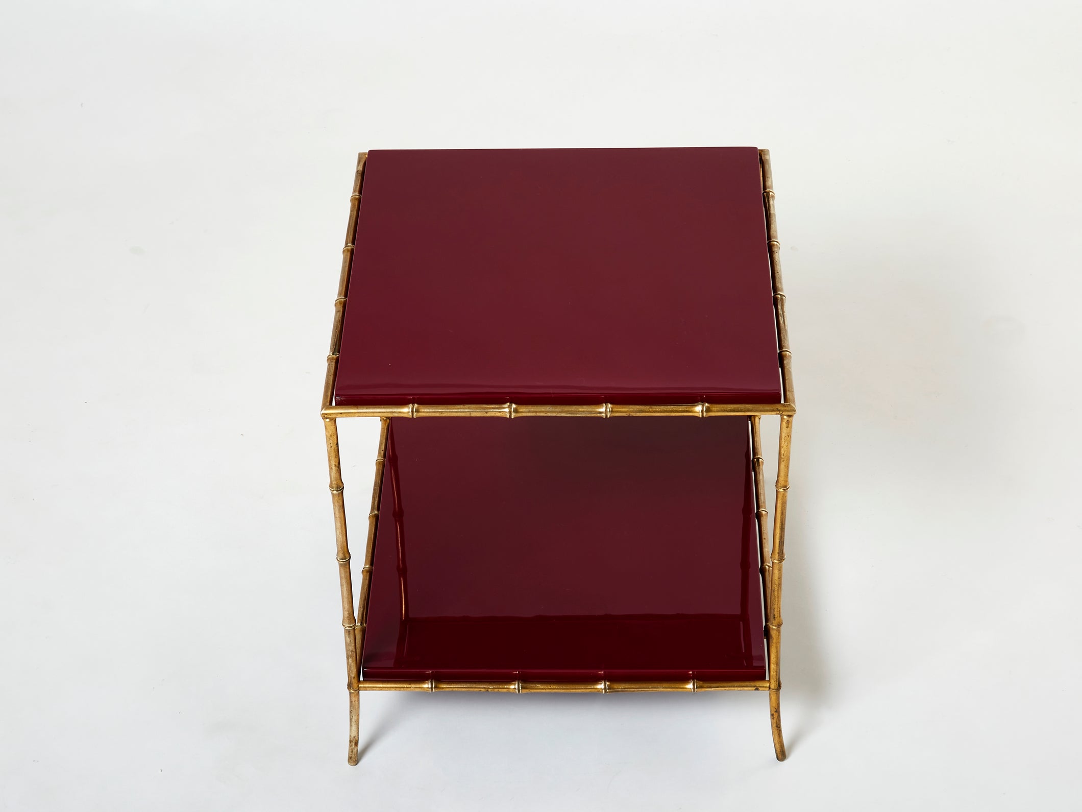 Pair of Maison Baguès bamboo brass red lacquer end tables 1960s