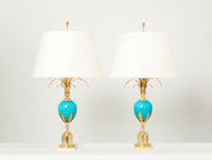 Maison Charles pair of brass lamps blue opaline ostrich egg 1970s