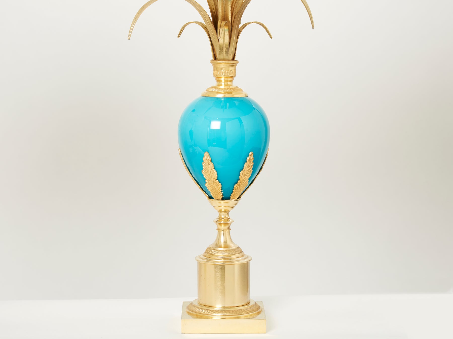 Maison Charles pair of brass lamps blue opaline ostrich egg 1970s