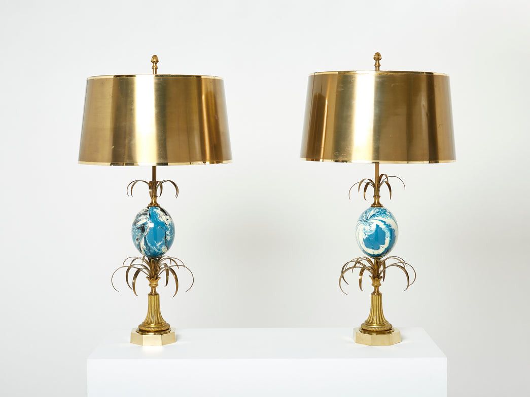 Paire de lampes laiton oeuf d’autruche bleu Maison Charles 1960