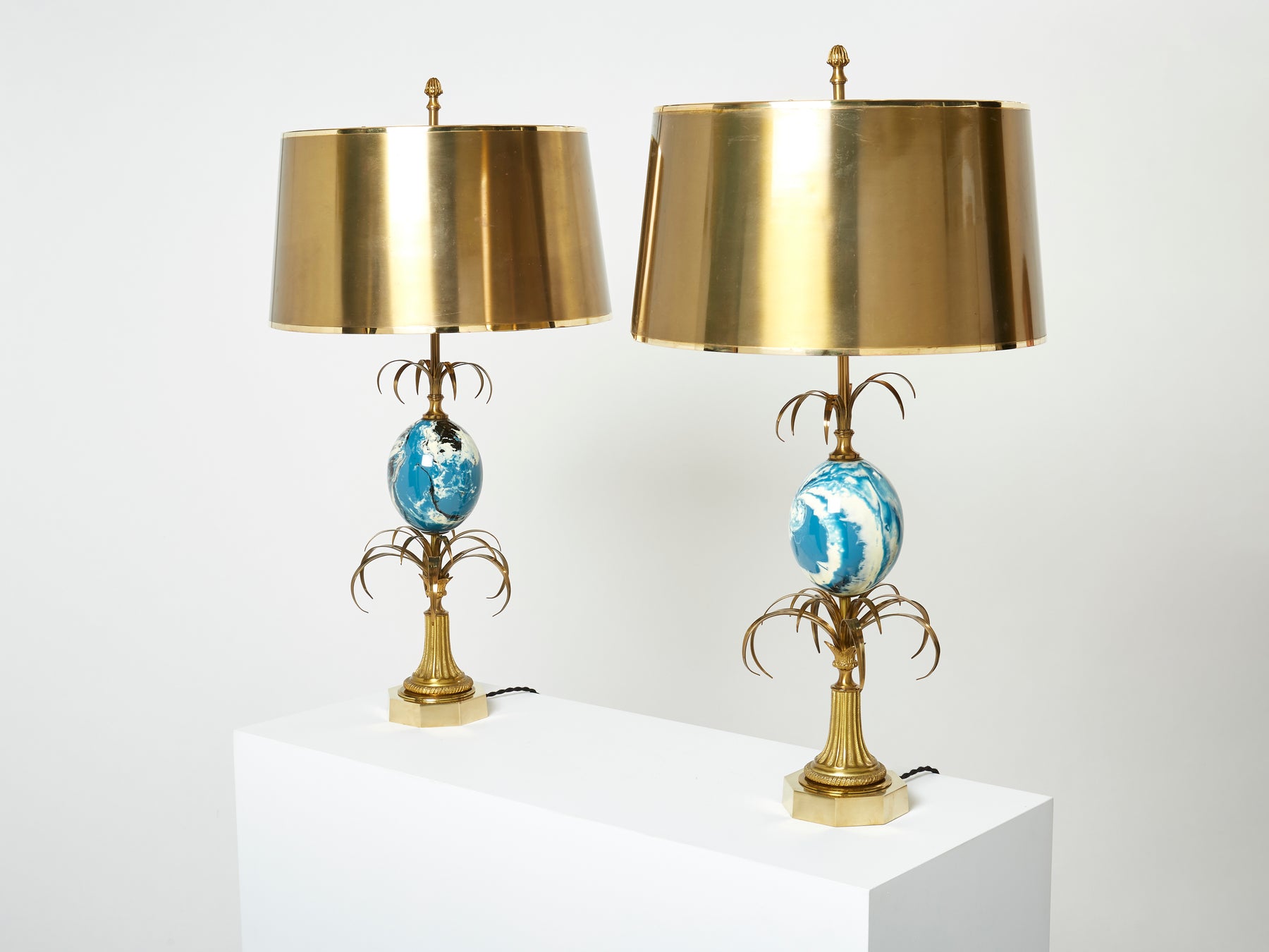 Maison Charles pair of brass lamps blue ostrich egg original shades 1960s
