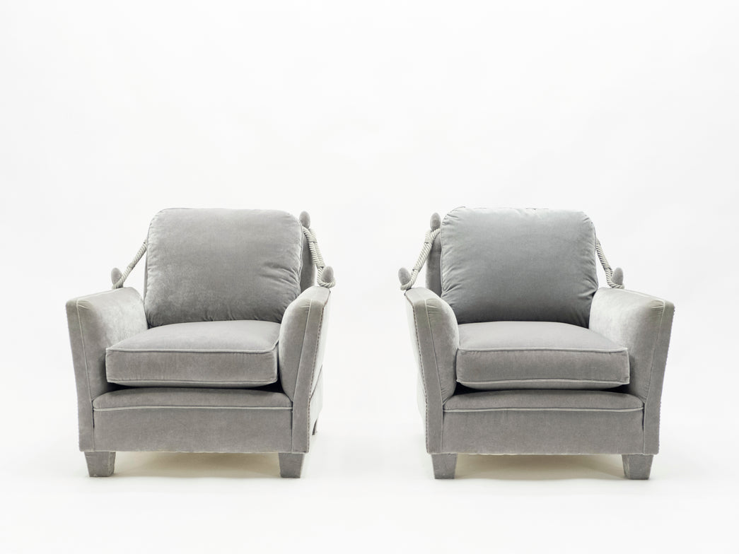 Pair of Neoclassical grey velvet Maison Jansen armchairs 1970s