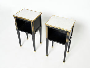 Paire de tables de chevet bois laiton marbre Maison Jansen 1950