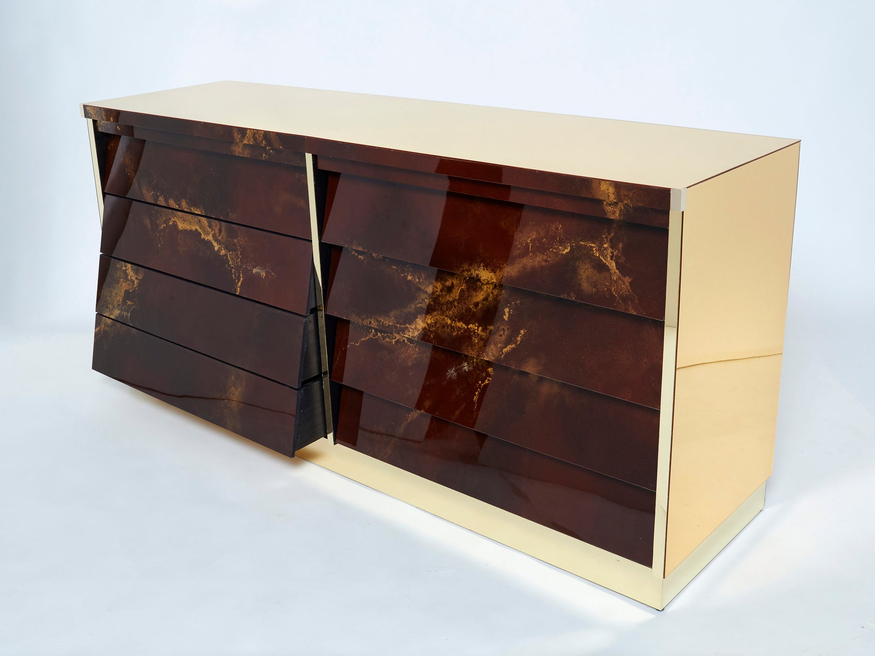 Unique golden lacquer brass Maison Jansen sideboard commode 1970s
