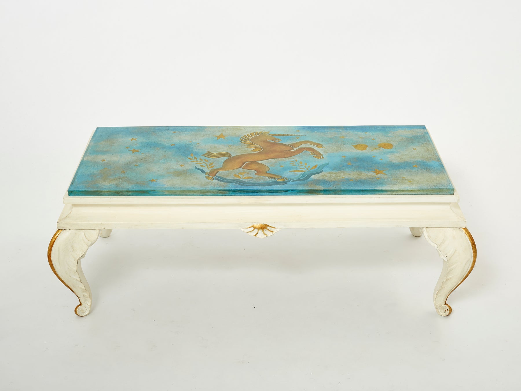 Maison Jansen gilded wood painted glass top coffee table 1950