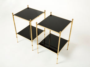 Pair of French Maison Jansen brass black glass two-tier end tables 1960s
