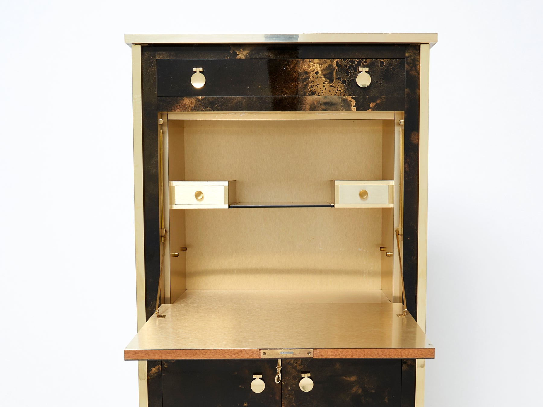 Rare golden lacquer and brass Maison Jansen secretary cabinet 1970s