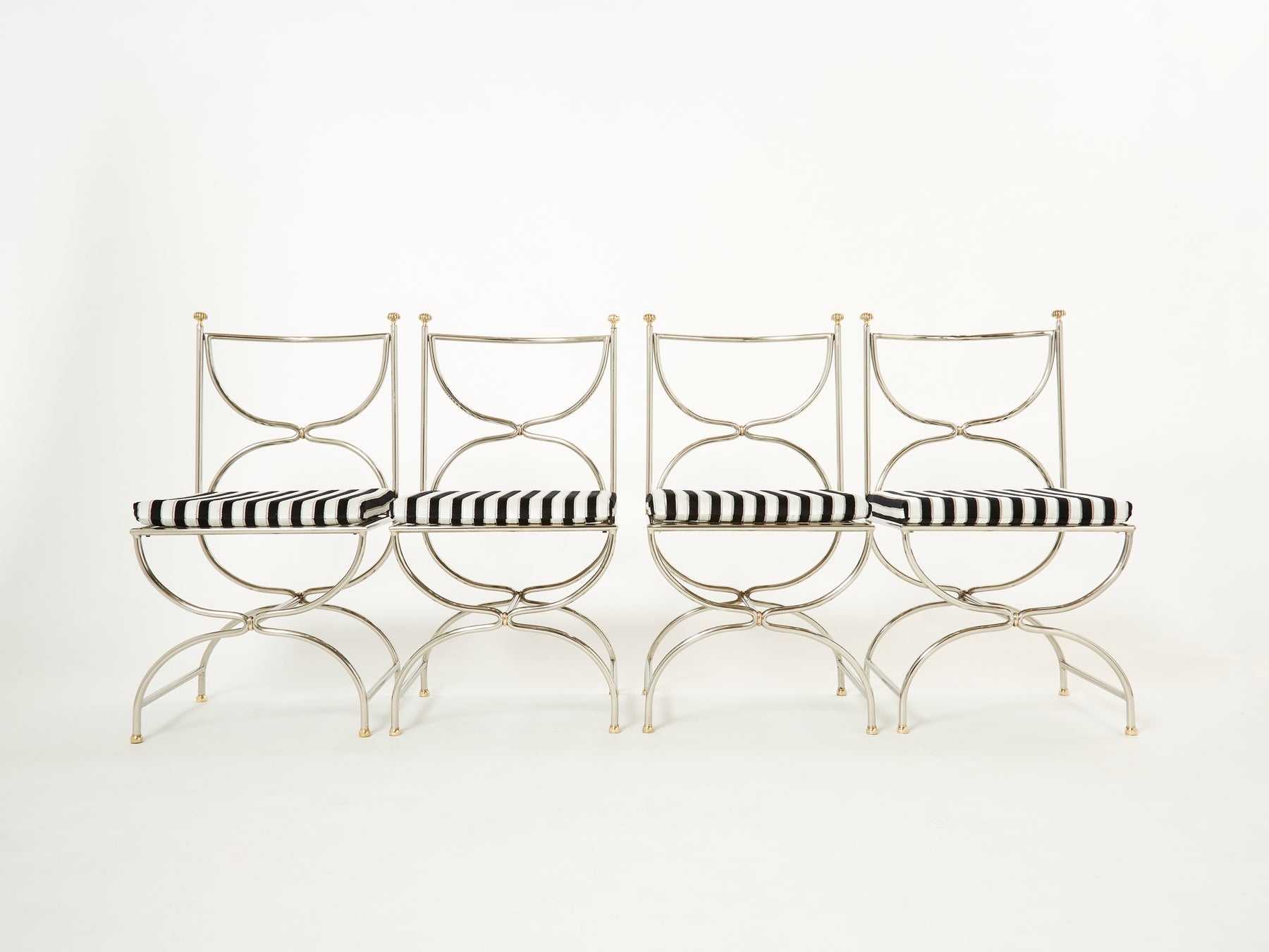 Set of twelve steel brass velvet curule chairs by Maison Jansen 1960s