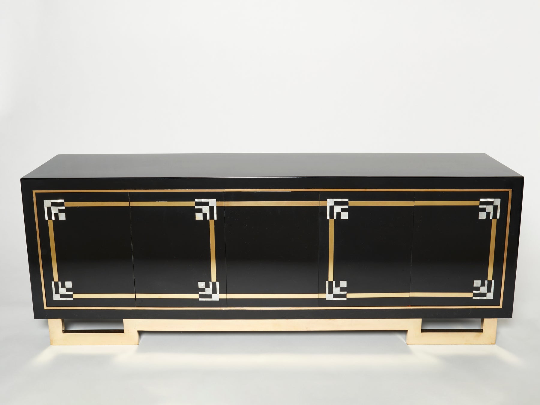 Maison Jansen sideboard brass black lacquered shell inlays 1970s
