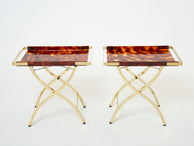 Pair of French side tray tables Faux Tortoise brass Maison Mercier 1970s
