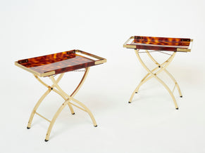 Pair of French side tray tables Faux Tortoise brass Maison Mercier 1970s