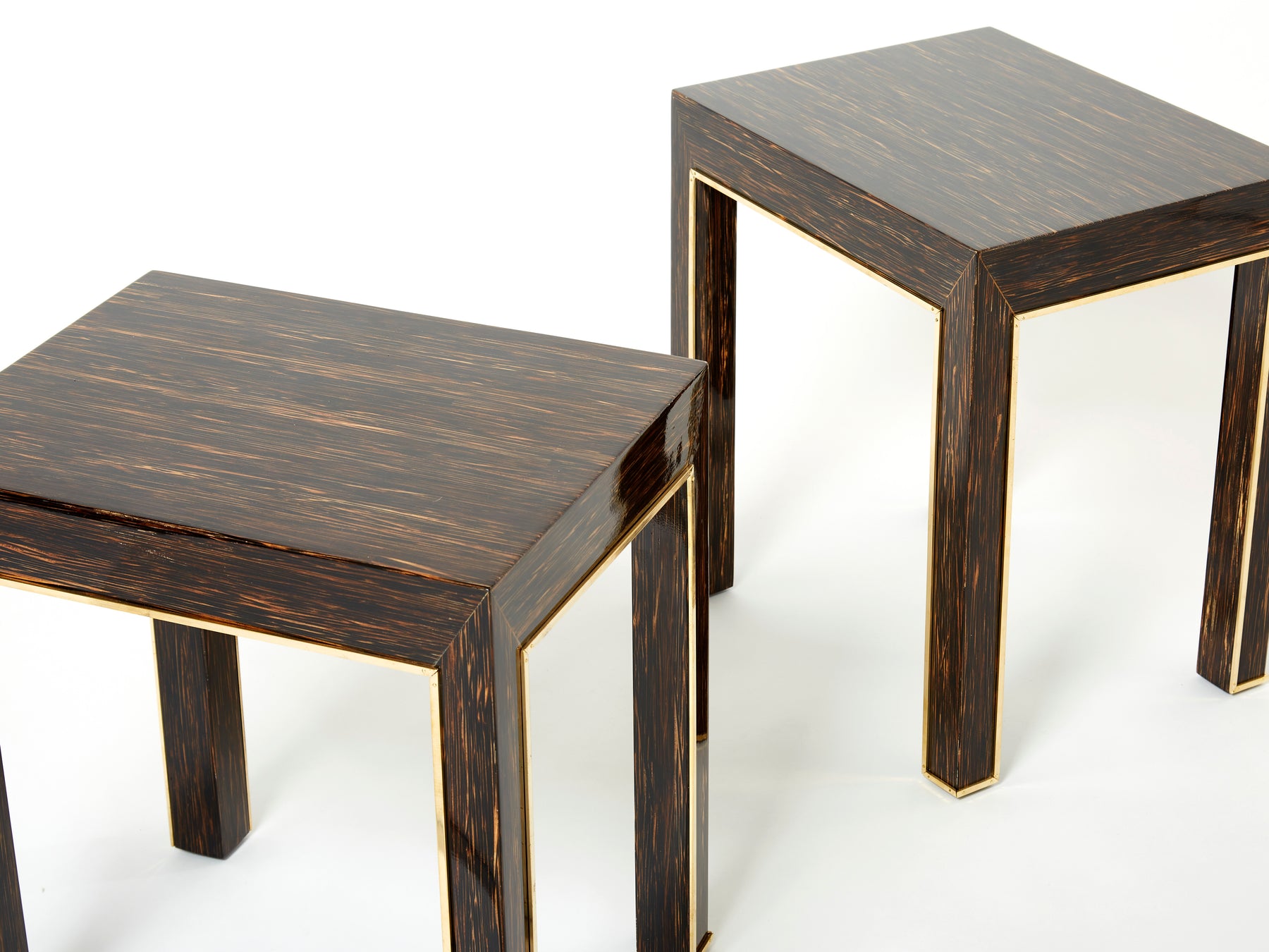 Pair of Romeo Paris palm wood and brass end tables 1970s