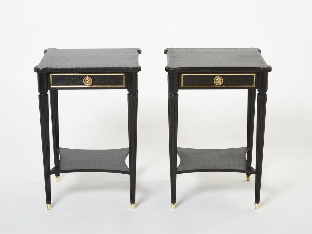 Pair of stamped Maurice Hirsch black wood brass nightstands 1960s