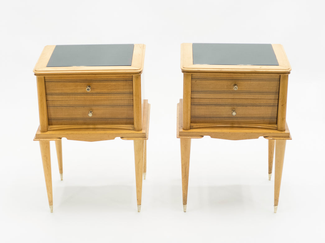French Sycamore Nightstands 2 Drawers Attributed to Suzanne Guiguichon 1950s