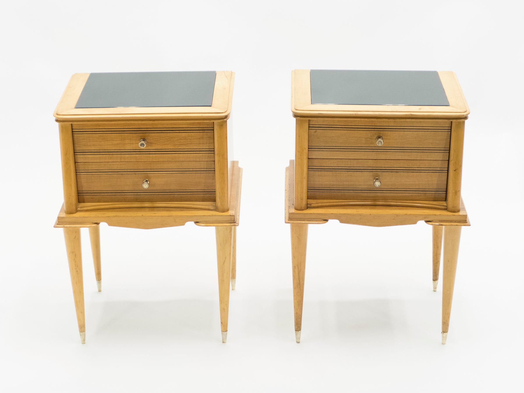French Sycamore Nightstands 2 Drawers Attributed to Suzanne Guiguichon 1950s