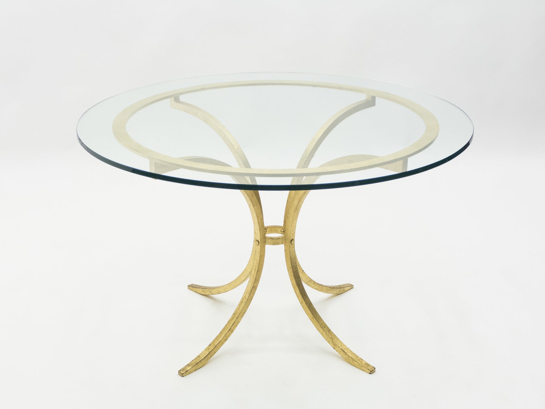 French Mid-century Roger Thibier gilt wrought iron gold leaf glass dining table 1960s