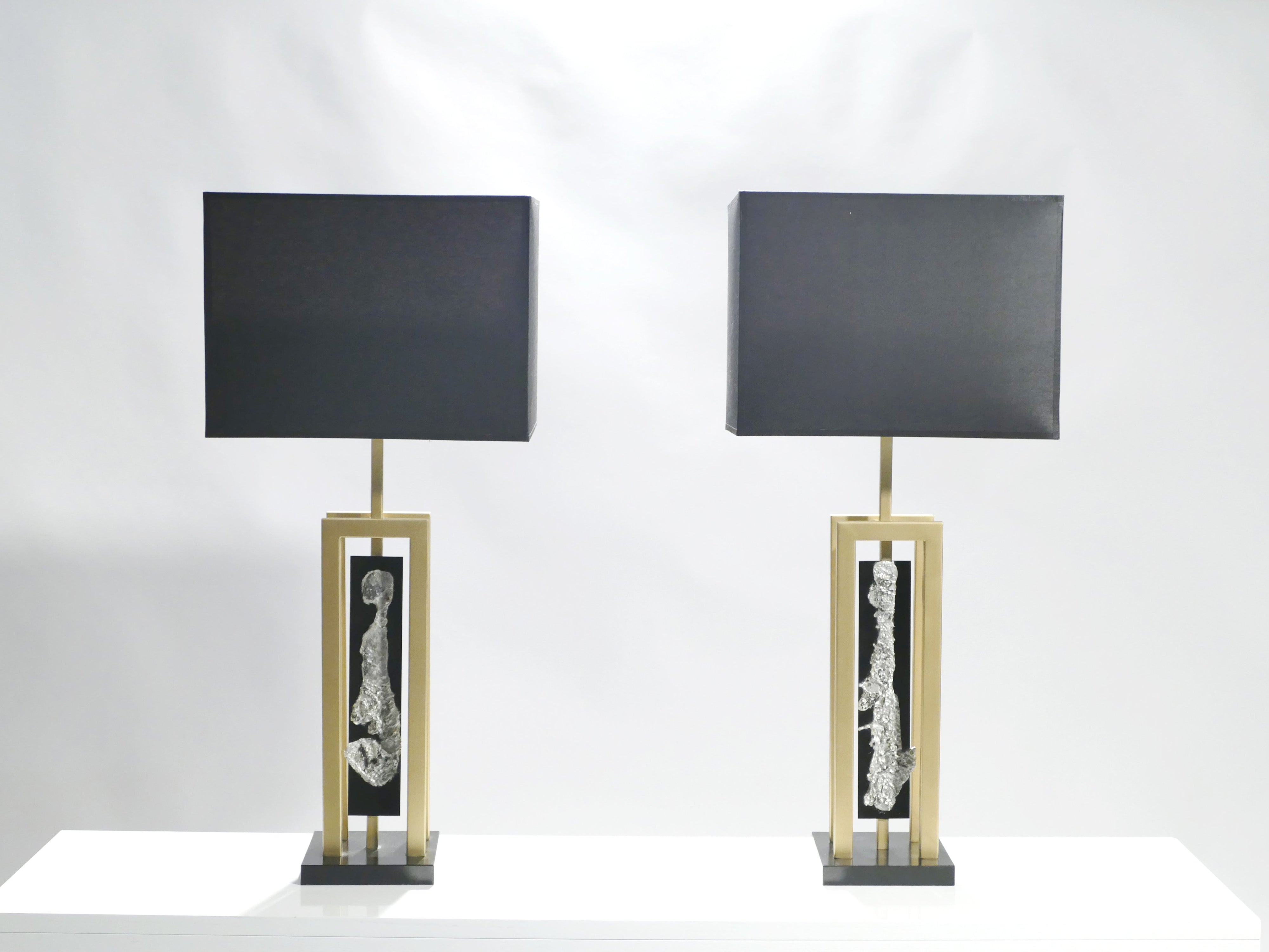 Pair of large Philippe Cheverny brass and nickel table lamps 1970s