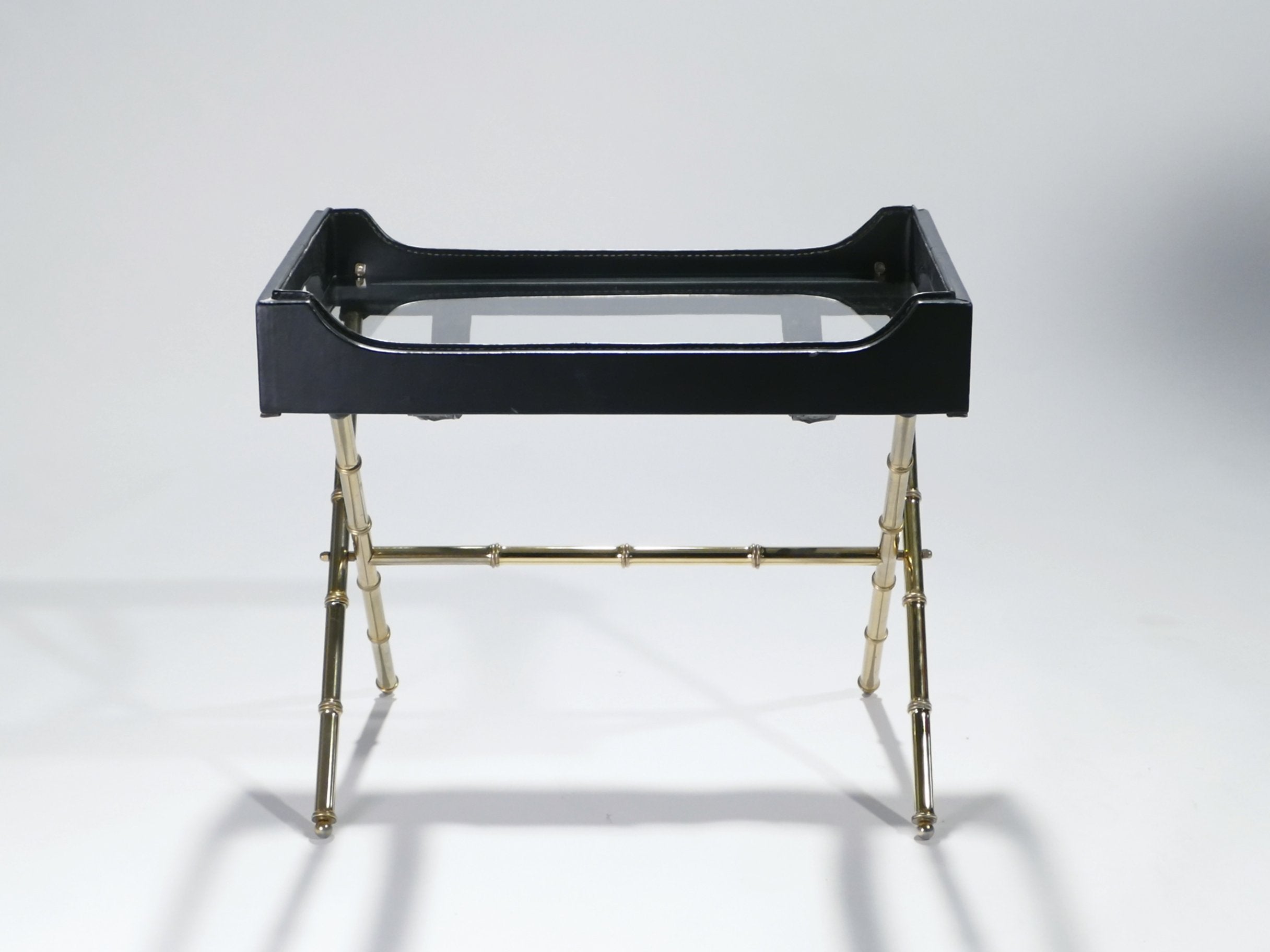 Jacques Adnet leather and brass side table with tray 1950s
