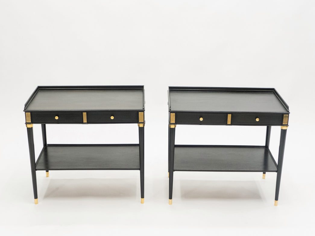 Rare Pair of stamped Maison Jansen black wood brass end tables 1950s