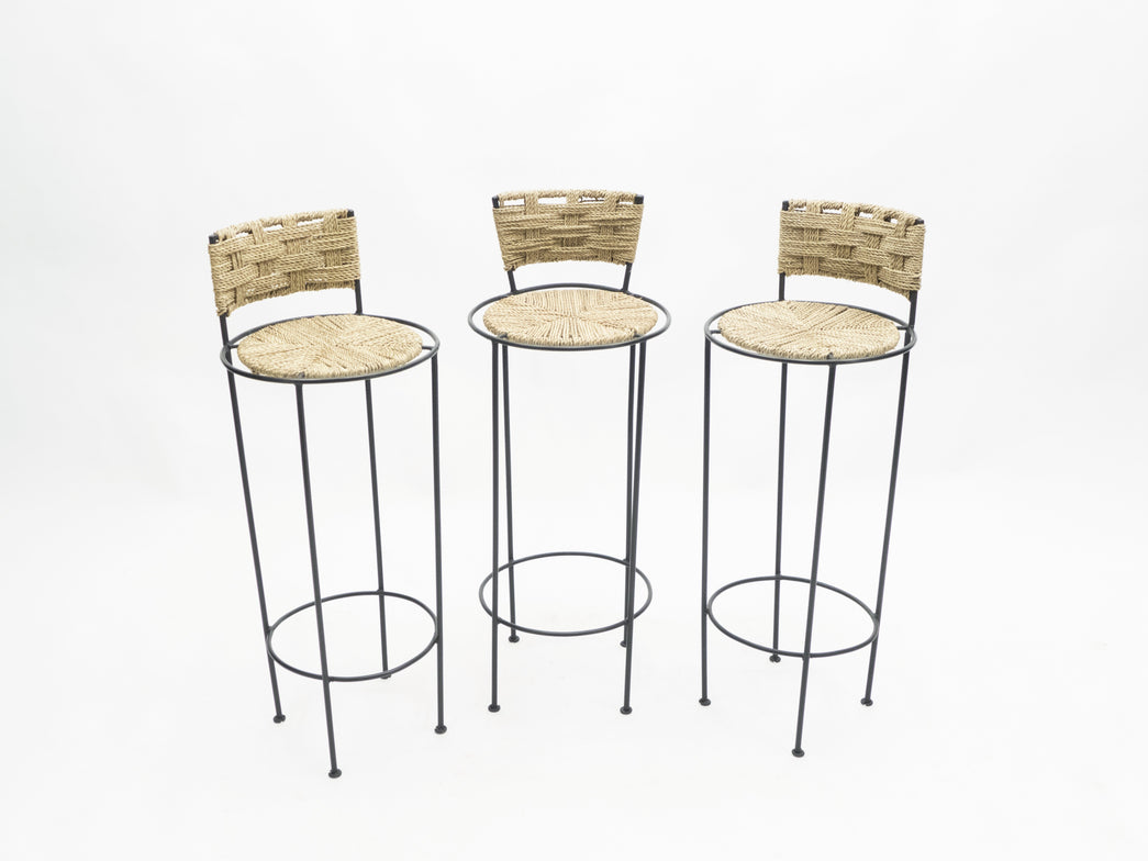 Set of 3 french bar stools rope and metal by Audoux Minet 1950s