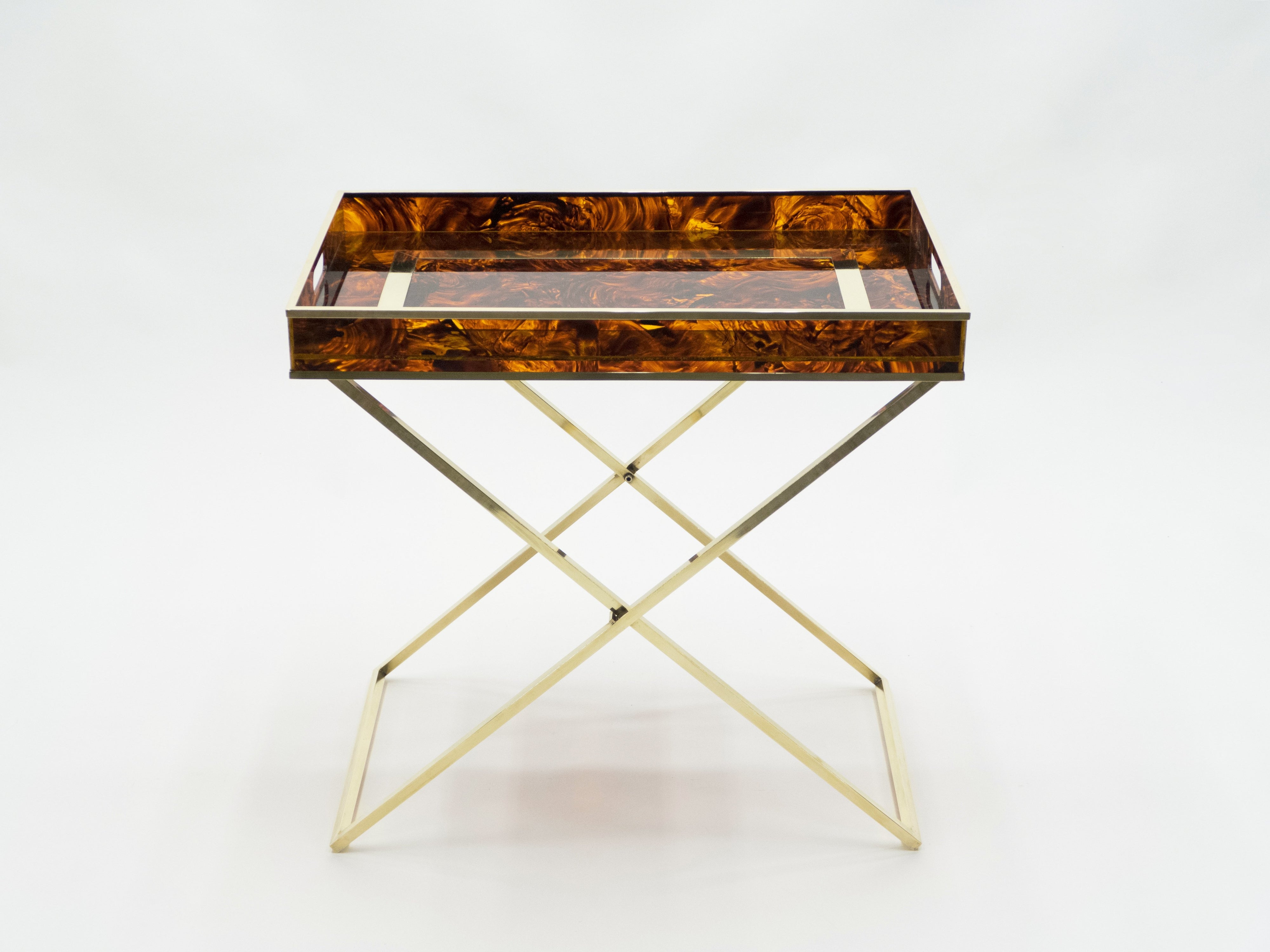 Rare French side tray table Faux Tortoise brass Maison Mercier 1970s