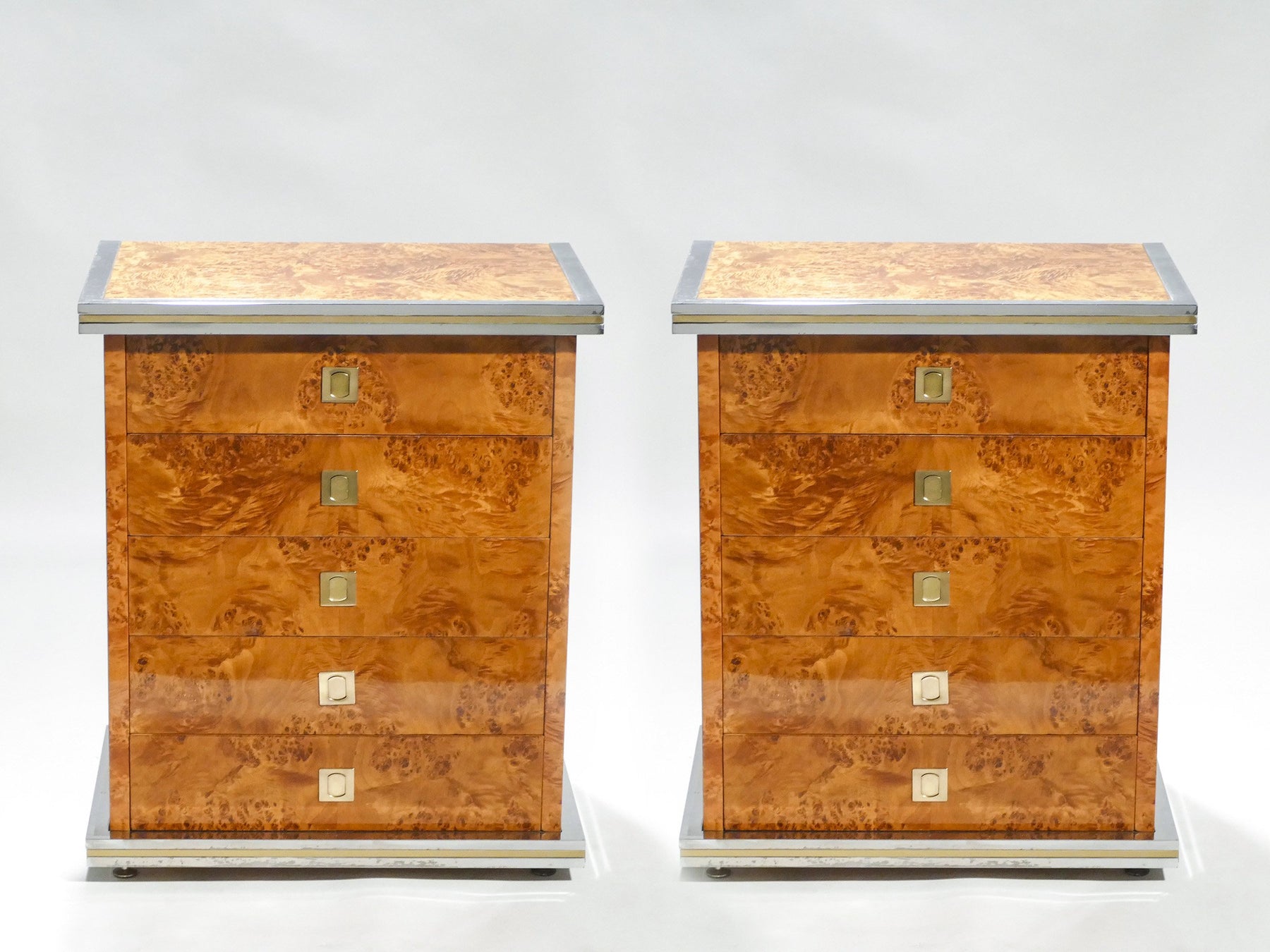 Italian Pair of Willy Rizzo burl brass and chrome chest of drawers 1970s