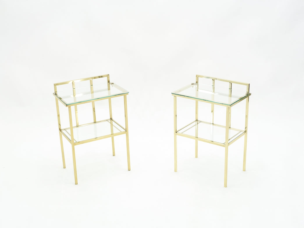 French brass two-tier glass end tables Attr. Marc Duplantier 1960s