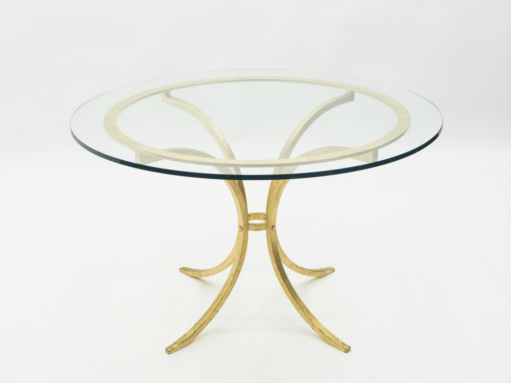 French Mid-century Roger Thibier gilt wrought iron gold leaf glass dining table 1960s