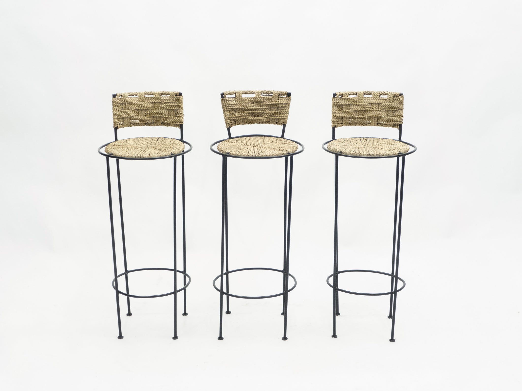 Set of 3 french bar stools rope and metal by Audoux Minet 1950s