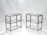 Pair of French gunmetal and brass three tiered shelves 1970s