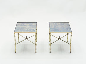 Pair of French Maison Jansen brass mirrored end tables 1960s