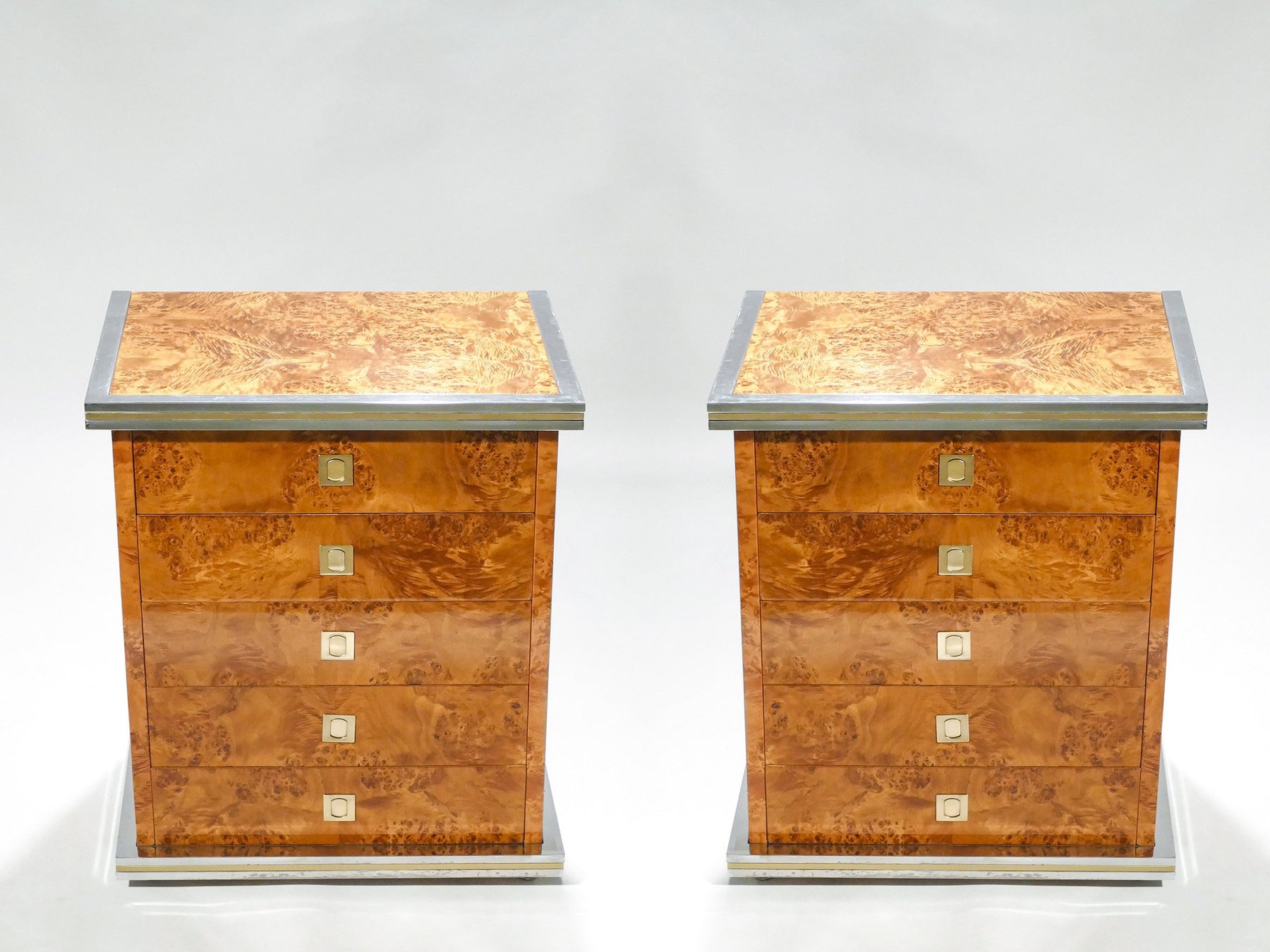 Italian Pair of Willy Rizzo burl brass and chrome chest of drawers 1970s