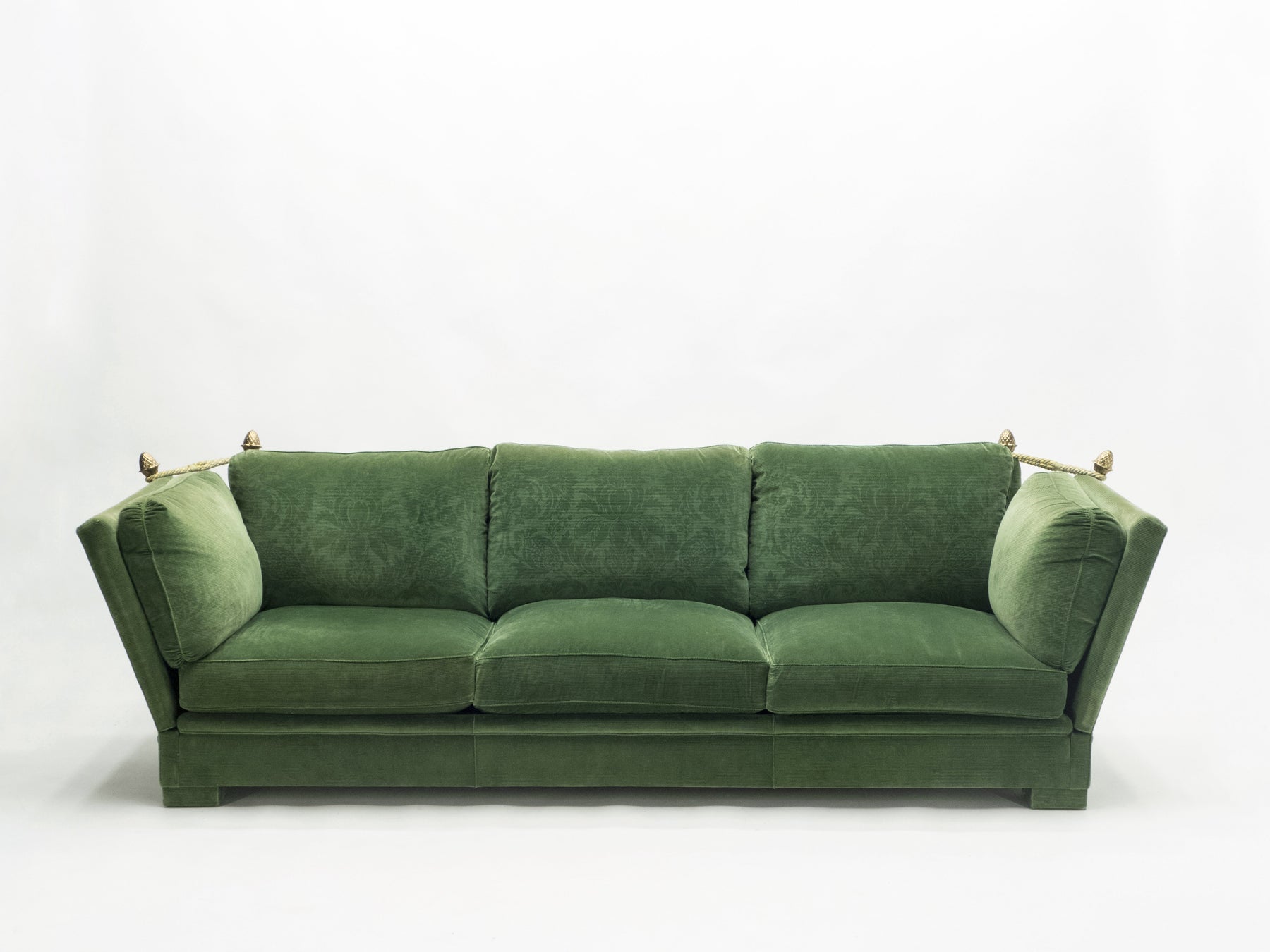 Pair of large Neoclassical Maison Jansen sofas original green velvet 1970s