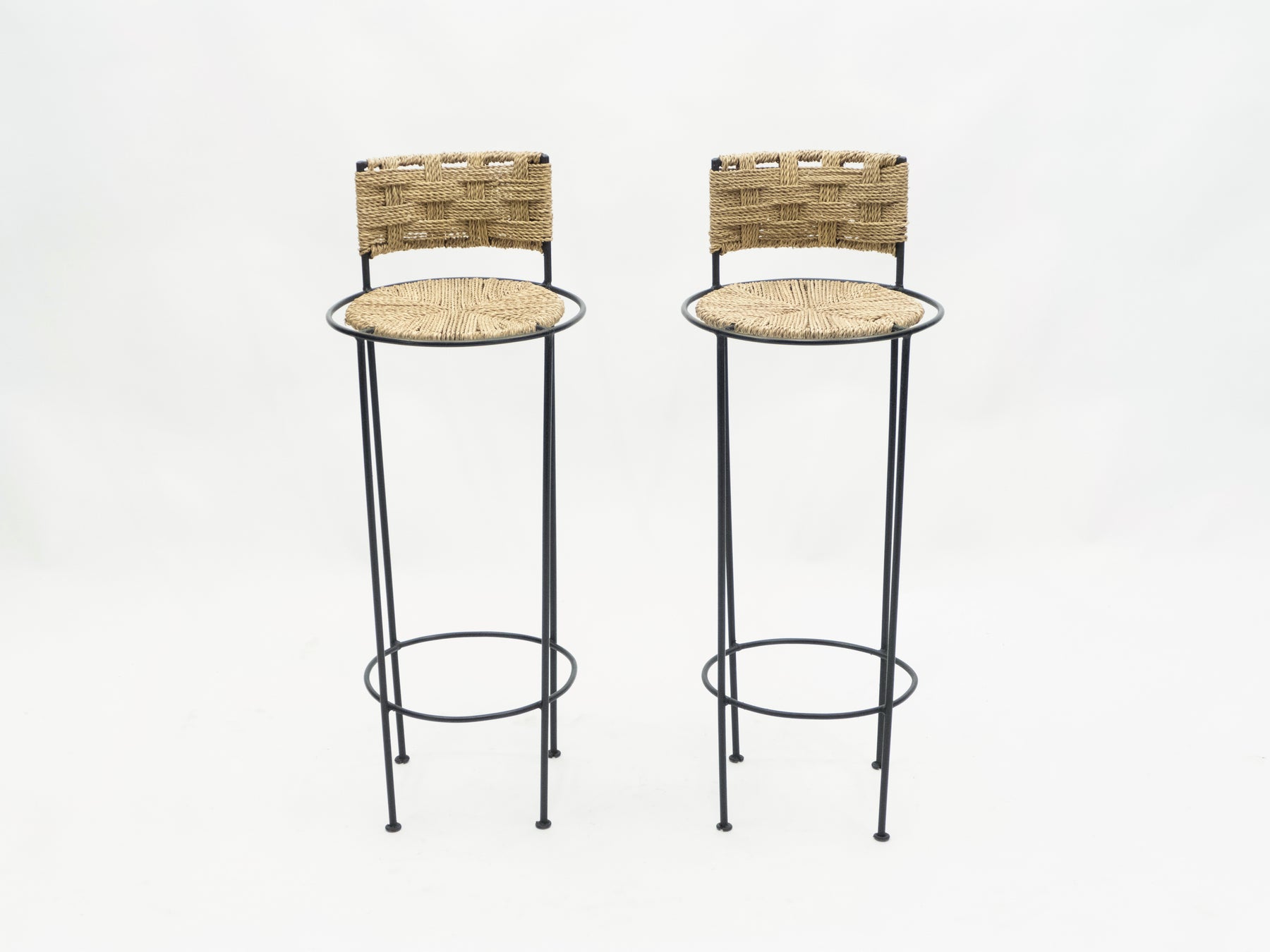 Pair of french bar stools rope and metal by Audoux Minet 1950s