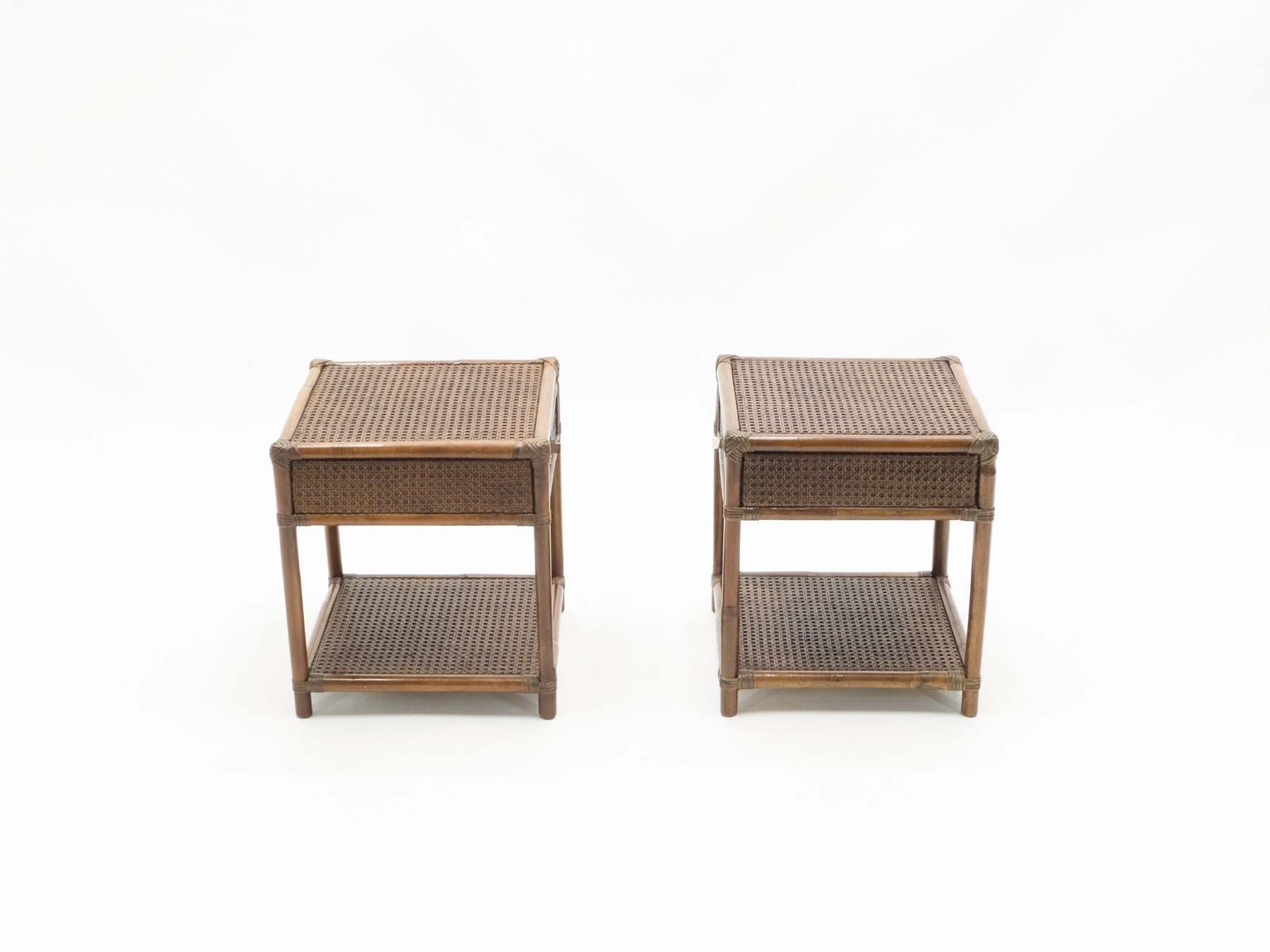 Mid-Century French Riviera Cane Bamboo brass night stands 1960s