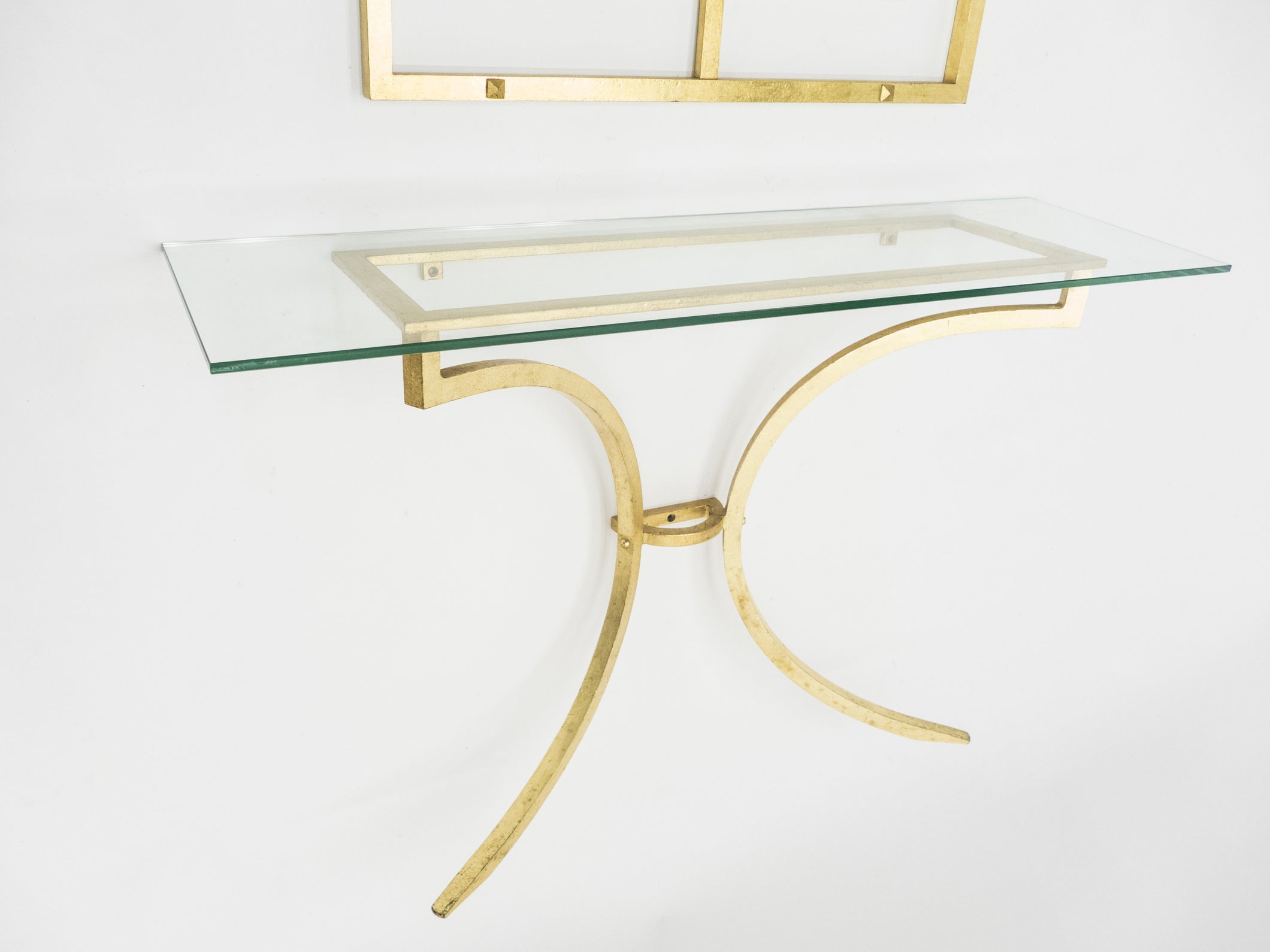 Rare Roger Thibier gilt wrought iron gold leaf console table with mirror 1960s