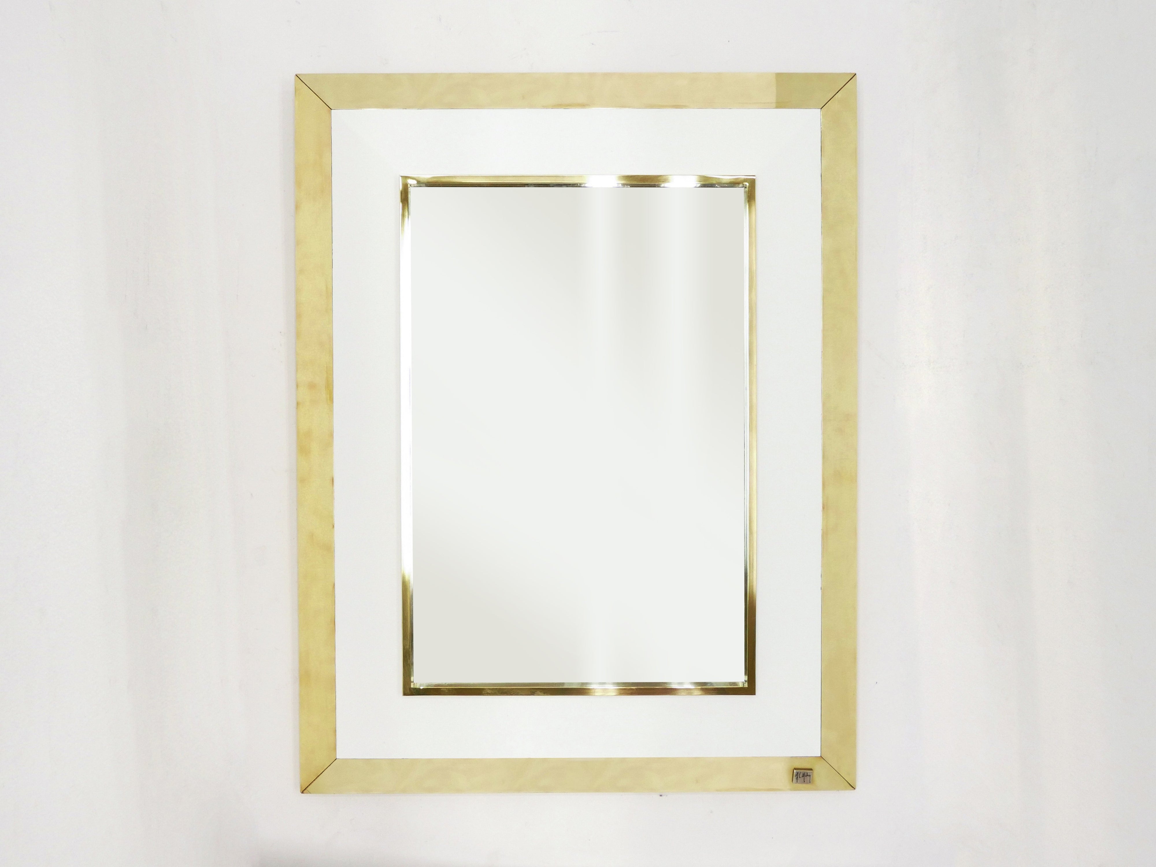 Signed J.C. Mahey wall Mirror in white Lacquer and brass 1970