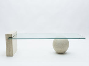 French Mid-Century Philippe Barbier travertine glass coffee table 1970s