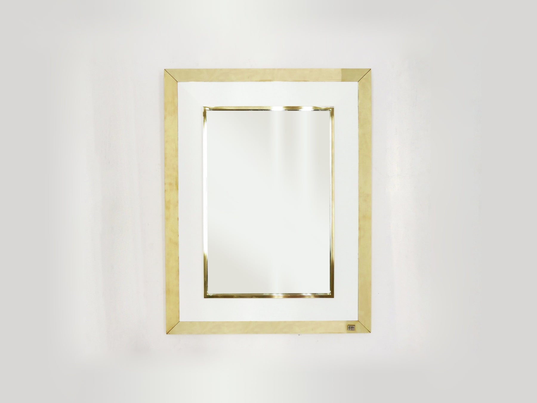 Signed J.C. Mahey wall Mirror in white Lacquer and brass 1970