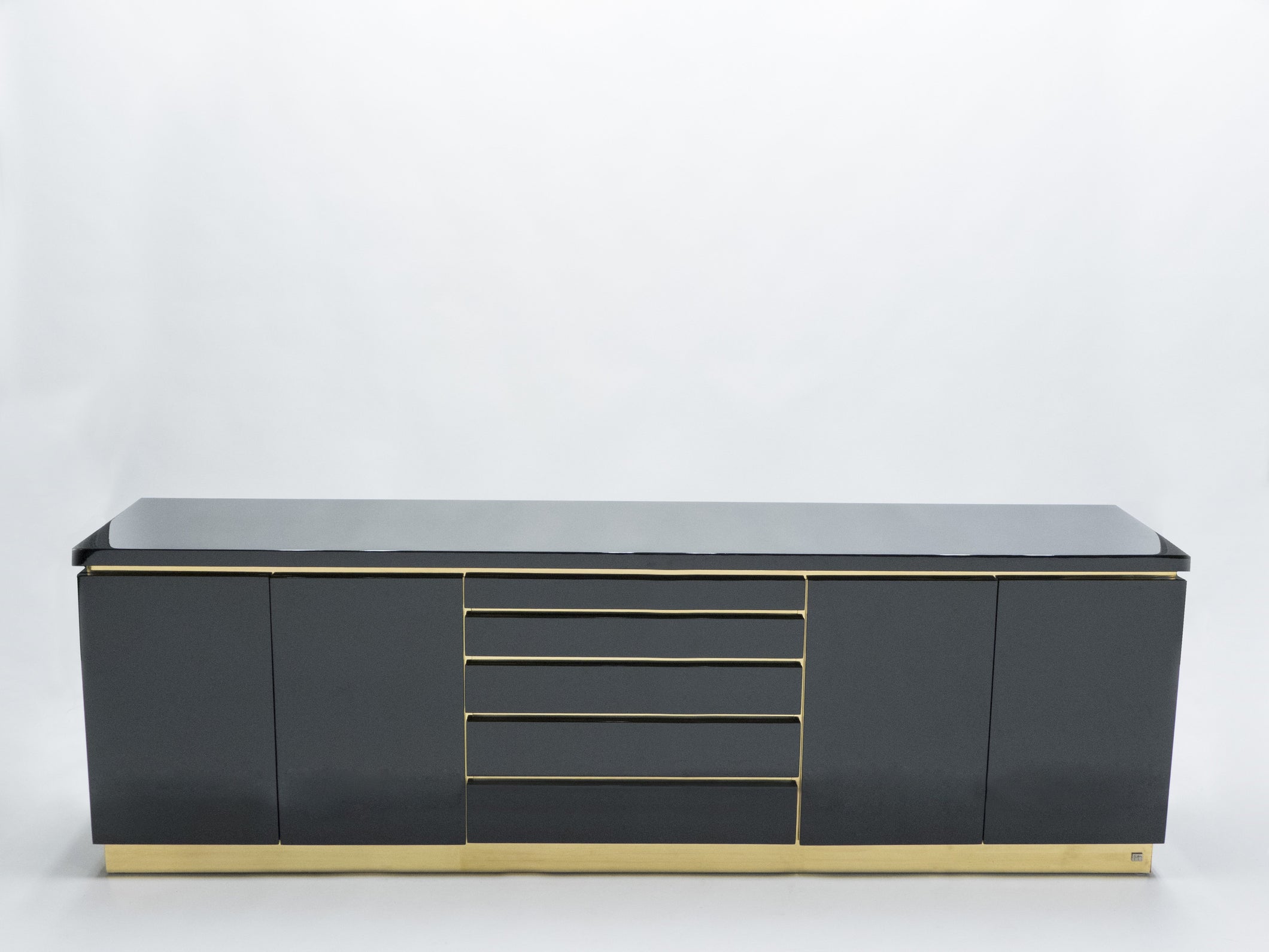 Large Signed J.C. Mahey brass black lacquered sideboard 1970s