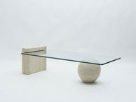Rare table basse en travertin et verre par Philippe Barbier 1970