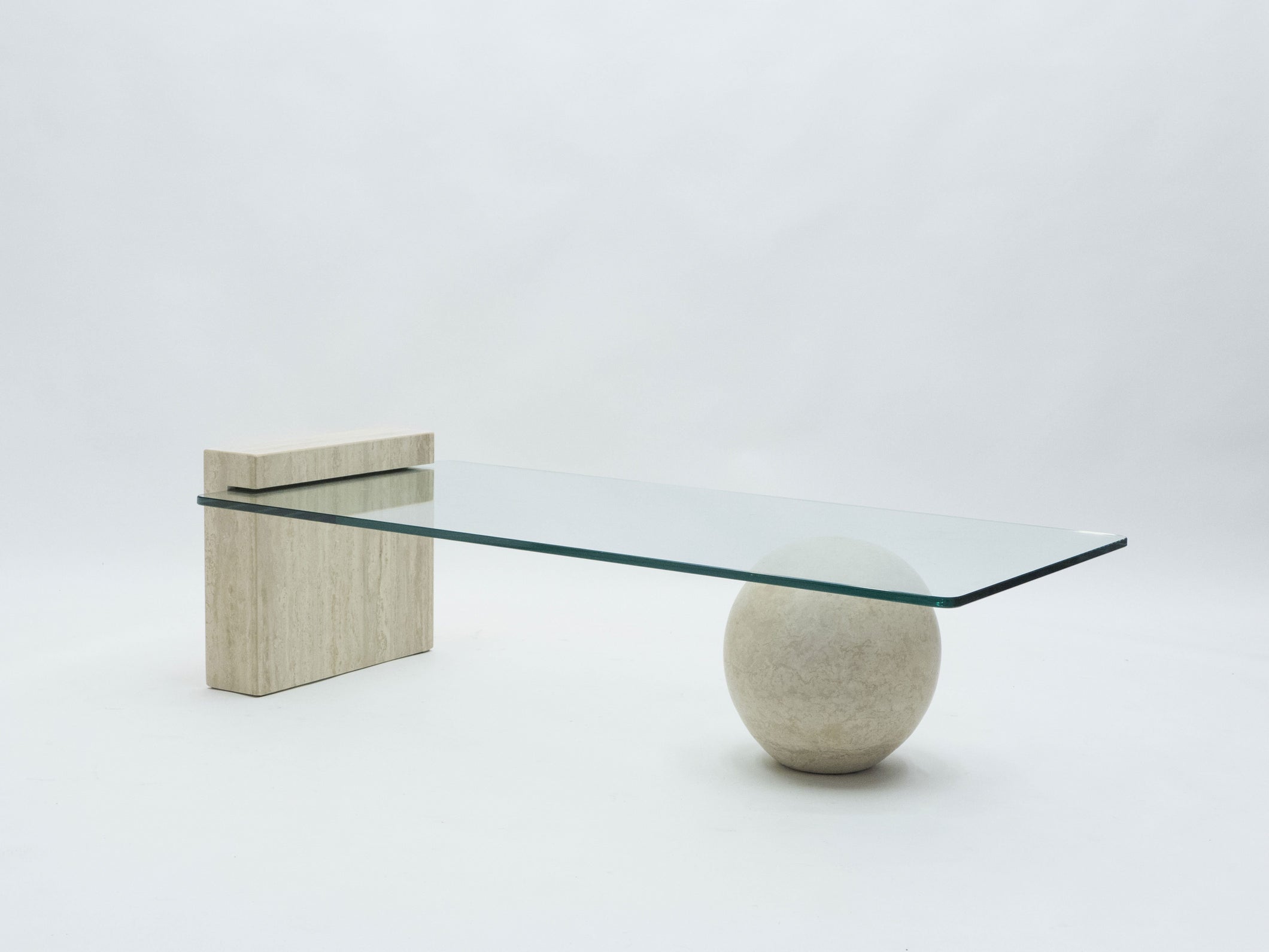 French Mid-Century Philippe Barbier travertine glass coffee table 1970s