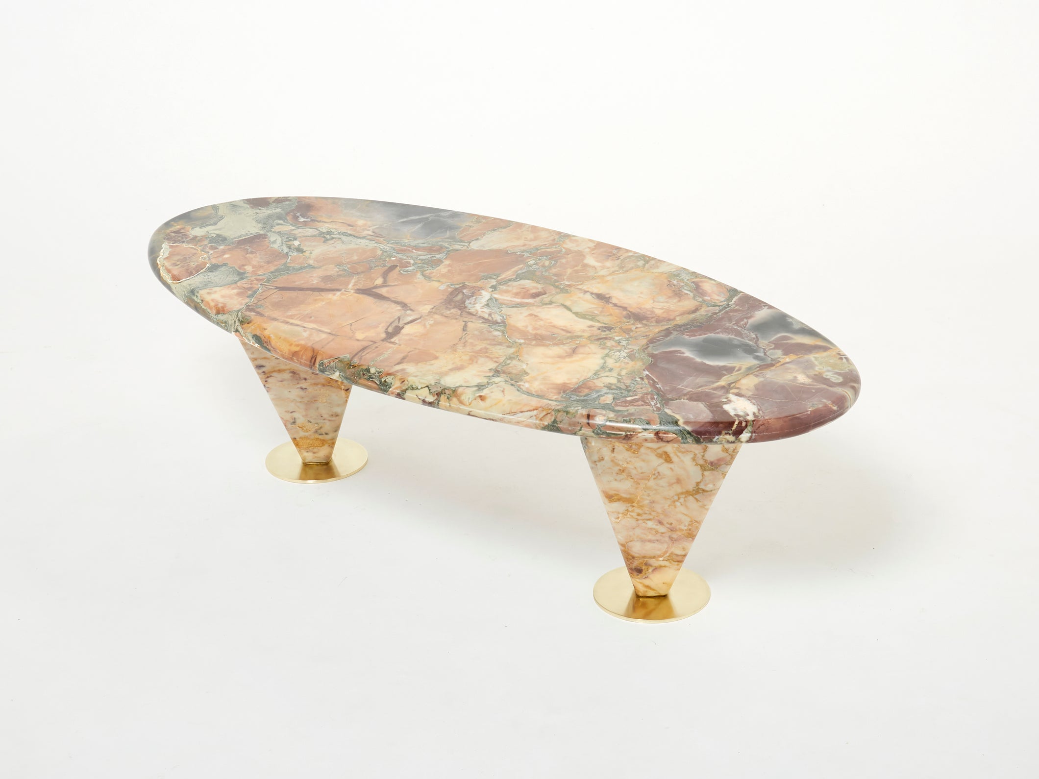Oval free form eye Breccia Benou marble brass coffee table 1980s