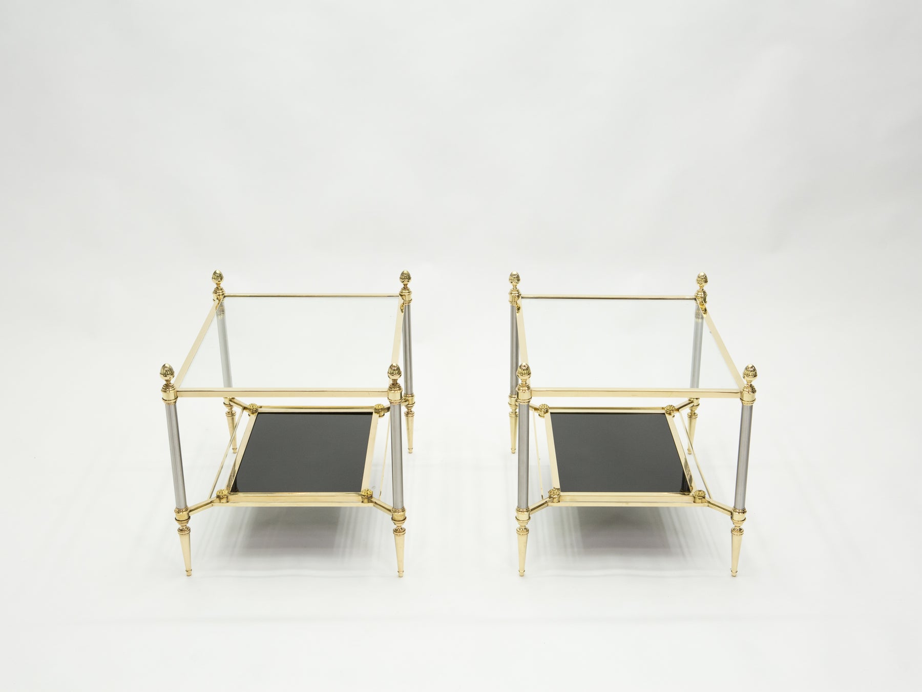 French two-tier Maison Jansen brass opaline glass end tables 1970s