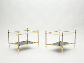 French two-tier Maison Jansen brass opaline glass end tables 1970s