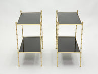 Pair of French Maison Baguès bamboo brass black top two-tier end tables 1960s