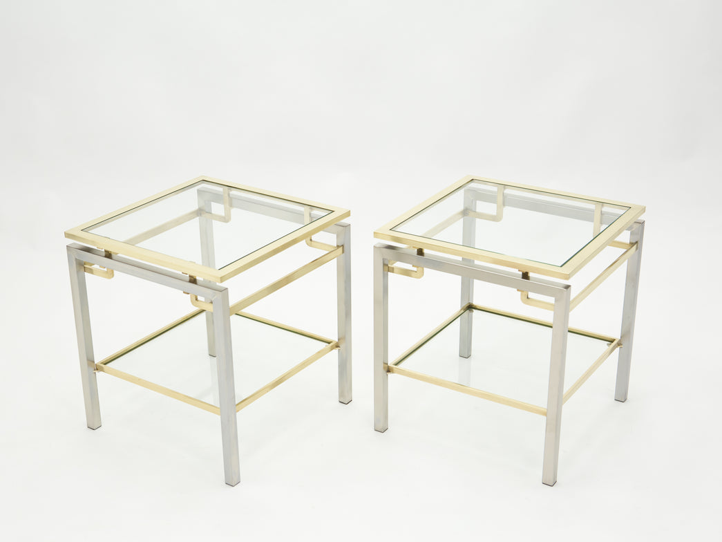 French Brass steel two-tier end tables Guy Lefevre for Maison Jansen 1970s