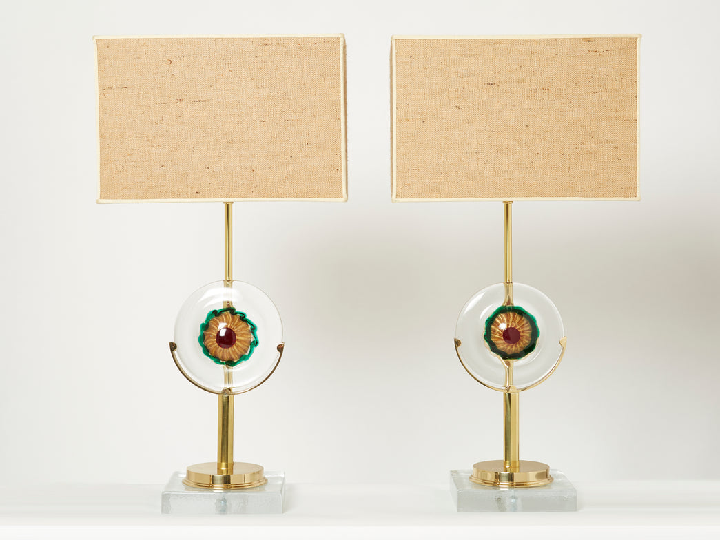 Paire de lampes Italienne verre murano laiton 1970