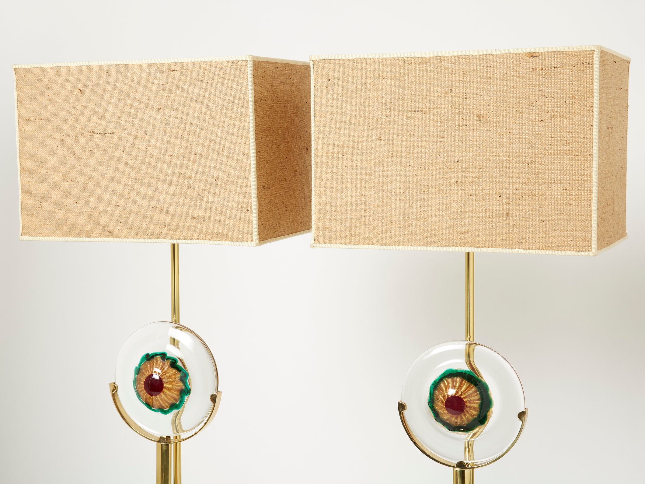 Pair of Italian murano glass brass rattan table lamps 1970s