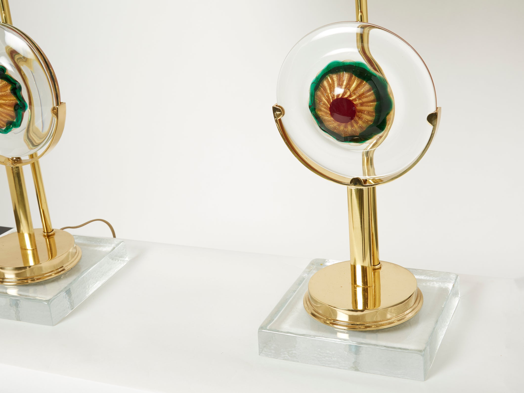 Pair of Italian murano glass brass rattan table lamps 1970s